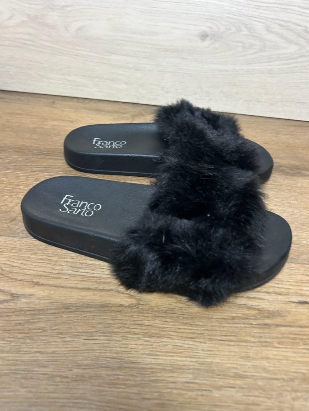 Franco Sarto Slide Sandals Faux Fur Black Size 7M
